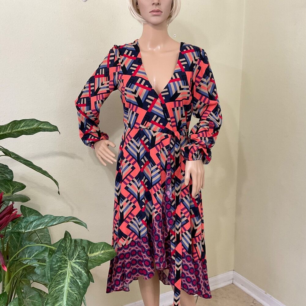 Anthropologie WRAP DRESS Porridge Amity Women's size XS MIDI CONTRASTING HEM - Picture 2 of 12